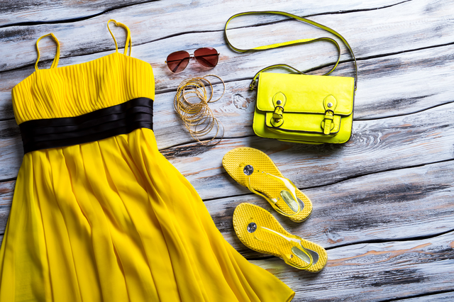 Yellow dress and lime handbag.